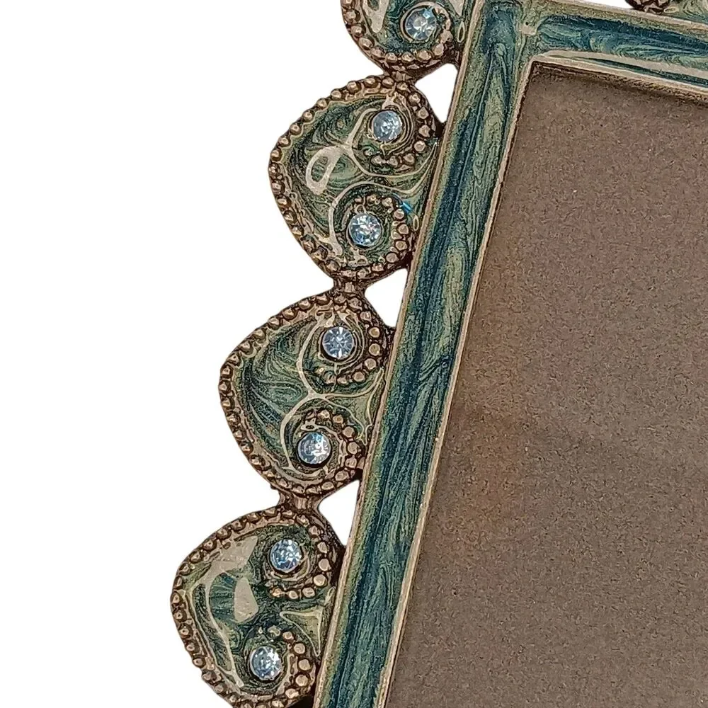Blue & Green Enamel Swirl & Blue Rhinestones Square Miniature Photo Frame 4.5